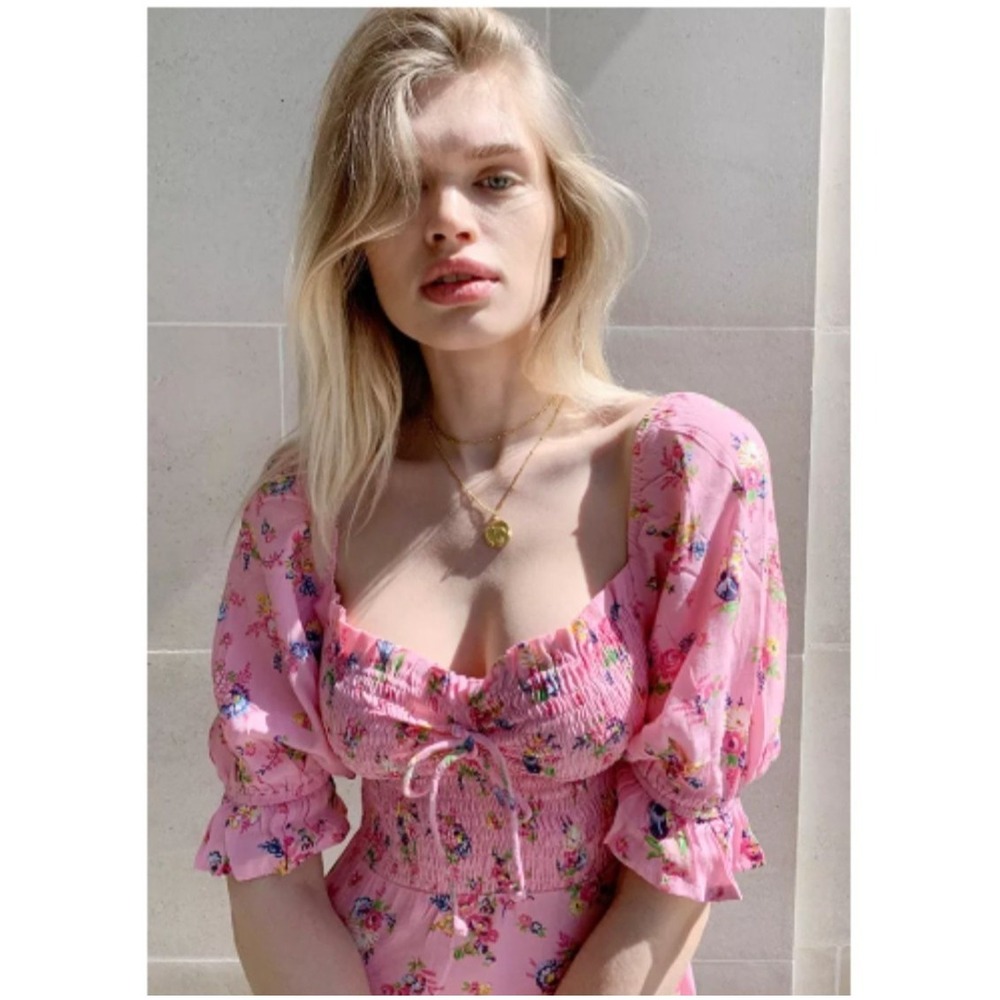 Pink Milkmaid Dress Women S Floral FAITHFULL THE BRAND Smocked Mini Cottage Boho - Picture 14 of 16